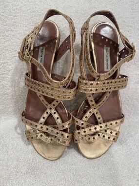 Tabitha Simmons Metallic Gold Perforated Strappy Heels